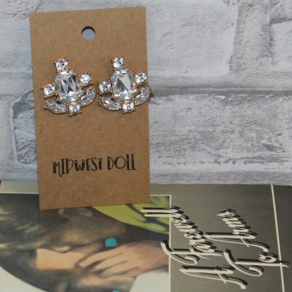 Gold Rhinestone Cocktail Earrings PROM Wedding NEW - Picture 6 of 7